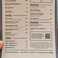Menu as of July 2026 at The Barley Mow in London