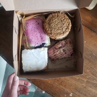 cinnamon bun, blueberry poptarts, oatmeal creme pies, berry scone. delicious! at Rise Authentic Baking Co in Grand Rapids