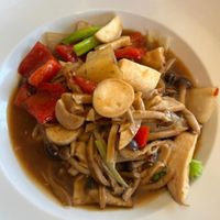 Mushroom Seitan Mix w/ Level 4 Spice
(Close up photo…the actual size of the meal is smaller than it looks in the image) at Lotus Vegan in North Hollywood