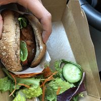 Chk’n burger and salad w/peanut sauce! at Lotus Vegan in North Hollywood