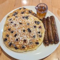 Blueberry pancakes and breakfast sausage (all vegan!) at Cafe Du Soleil in Vancouver