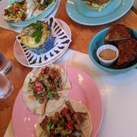Hoisin duck tacos, mac and cheese, aubergine fritters and chicken burger at Genesis Plant Based Alchemy in North London