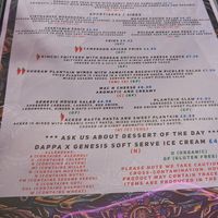 Front page of the menu (early July) at Genesis Plant Based Alchemy in North London