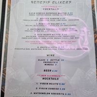 Menu - cocktails, wine, mocktails at Genesis Plant Based Alchemy in North London