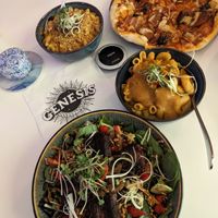 Vegan meat-feast pizza, mac and cheese, Redefine Meat salad at Genesis Plant Based Alchemy in North London