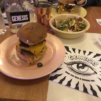 American woman burger and nachos! Yum  at Genesis Plant Based Alchemy in North London