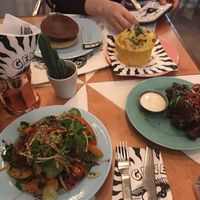 Chicken burger (good), mac and cheese (AMAZING), wings (okay but too sweet), jackfruit salad (okay but very sweet)  at Genesis Plant Based Alchemy in North London