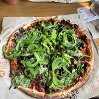 Build Your Own Pizza with hot red sauce, vegan cheez, spinach, black olives, and green bell peppers. Yum!  at Blaze Pizza in Murfreesboro