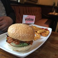 Delicious double burger with lentil chilli  at Red Lion in Newburgh