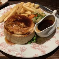 Delicious ale pie and a side of onion rings, all vegan, all yummy! at Red Lion in Newburgh