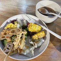 Some items from salad bar, lotus root and bamboo shoots, steamed dumplings, mushroom soupp  at Everyday in Hong Kong Island