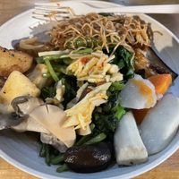 Salt and pepper tofu, mixed mushroom, green veg, other veg, stir fried noodles  at Everyday in Hong Kong Island
