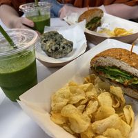 Black bean burger, smoothie and blueberry muffin. Yum! at First Bite in Ann Arbor