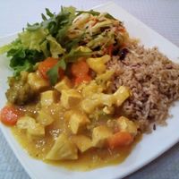 Tofu with vegetables, rice and salad at Bio in Lisbon