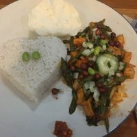 "Stir Crazy Spicy Vegan Tofu" but it’s more "steam rice with few vegetables and one little piece of tofu". at Ayo Vegan - Peliatan in Ubud