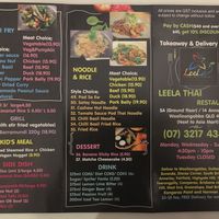 Overleaf of menu, including kids vegan option at Leela Thai in Woolloongabba