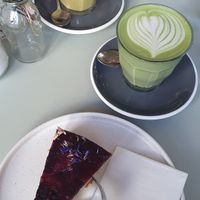 Vegan berry upside down cake, apricote blossom cake, matcha latte and golden milk. at Cafe Nomad - Weststadt in Heidelberg