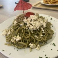 Linquine al pesto di tofu con basilico e  mandorle 🌱  at Isola Smeraldo in Lignano Sabbiadoro