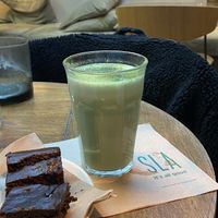 tahini brownie and matcha latte  at SLA - Haarlemmerdijk in Amsterdam