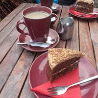 Americano with oat milk and coffee&walnut cake at The Watermill Cafe in Aberfeldy