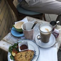 Vegan cheese & tomato tosti and oat latte at Rose & Vanilla in Utrecht