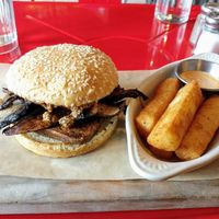 Le Blue, veganized with a NexVeg Hemp Southwest patty and yucca fries! at Dellepiane Sedona in Sedona