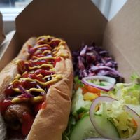 Plant based hotdog! Get in my belly! at Pepino Deli in Glossop