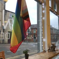 Looking out  at Pepino Deli in Glossop