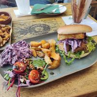 Tofu and hash brown burger at Pepino Deli in Glossop
