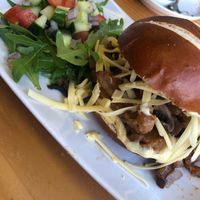 Steak, Mustard Mayo and Cheese on a Pretzel bun :) at Pepino Deli in Glossop