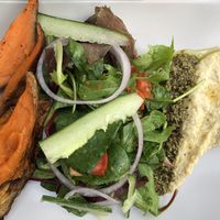 Chips, hummus and pesto  at Pepino Deli in Glossop