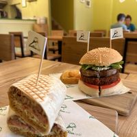 Omnibeef Java rice wrap & portobello falafel burger  at Puffin Cafe in Macau