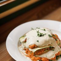 Raw lasagna. Made from zucchini, capsicum, carrots, cashew, cashew and cashew.   at Puffin Cafe in Macau