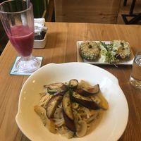 My meal (vegan soy milk pasta, vegan-ised loaded jackets) at Puffin Cafe in Macau