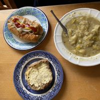 Leek and potato soup with hot dog  at Greens Vegan Cafe & Shop in Stourport-on-severn