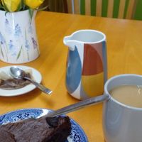 Chocolate Fudge Cake with Earl Grey Tea at Greens Vegan Cafe & Shop in Stourport-on-severn