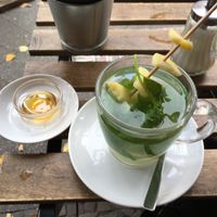 Mixed tee. Ginger, lemon and mint. Honey on the side  at Café bRICK in Berlin