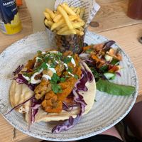 Cauliflower and seeet potatoe shawarma   at Three Roofs Cafe in Castleton