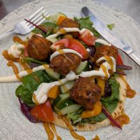 Sweet potato falafel flatbread at Three Roofs Cafe in Castleton