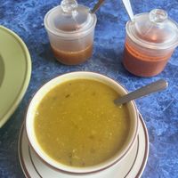 Lentil soup with ginger sauce and chili sauce   at Cafe Shambala in Salt Lake City