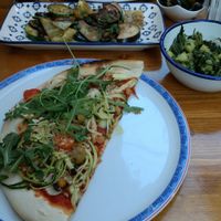 Vegan pizza, grilled vegetables, olives in marinade and mashed potatoes at Konoba Andreja in Krk