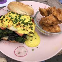 Benedict bagel with the KFC bowl on the side at Good Love in St Kilda