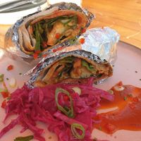 Bacon, egg + bravas flatbread at Good Love in St Kilda