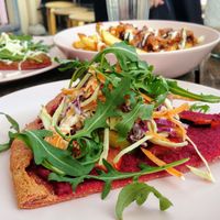 pizza (beetroot hummus, capsicum and slaw topping) at Good Love in St Kilda