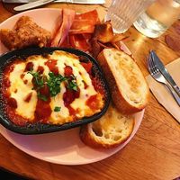 Homemade baked beans with cheese, sourdough toast, bacon and a couple of pieces of their KFC on the side at Good Love in St Kilda