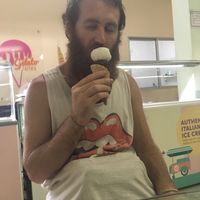 Friend enjoying vegan vanilla and chocolate haha   at Gelato Factory in Auroville