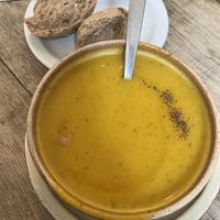 Carrot and Coriander Soup with seeded freshly baked roll    at The Good Earth in Wells