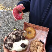 Salted caramel and cookie crunch. The other two I didn’t taste - but my bf Said they were good too at Brammibal's Donuts - Potsdamer Platz in Berlin