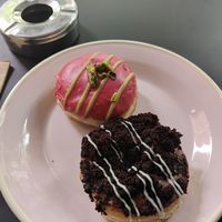 top: pistachio raspberry. bottom: chocolate at Brammibal's Donuts - Potsdamer Platz in Berlin