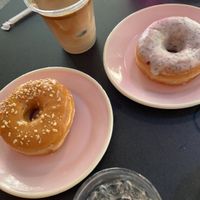 Lemon poppyseed doughnut, caramel hazelnut doughnut, oat milk latte  at Brammibal's Donuts - Potsdamer Platz in Berlin